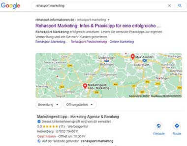 Suchmaschinenmarketing Rehasport Marketing Treffer in Google My Business